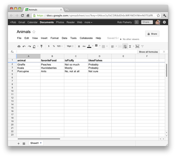 Screenshot of Google Spreadsheet showing example data