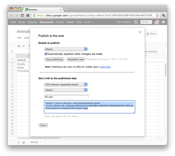 Screenshot showing exporting feed from Google Spreadsheet