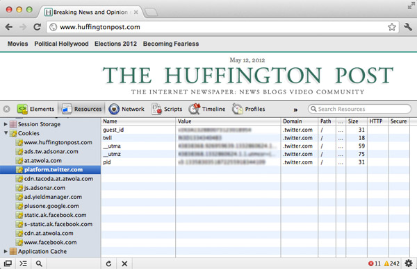 Screenshot showing Twitter third party cookie data on Huffington Post